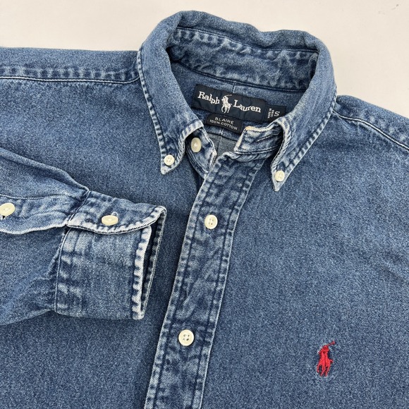 Vtg Ralph Lauren Blaire Denim Jean Shirt Mens S Blue Button L/SRed Pony - Picture 2 of 8